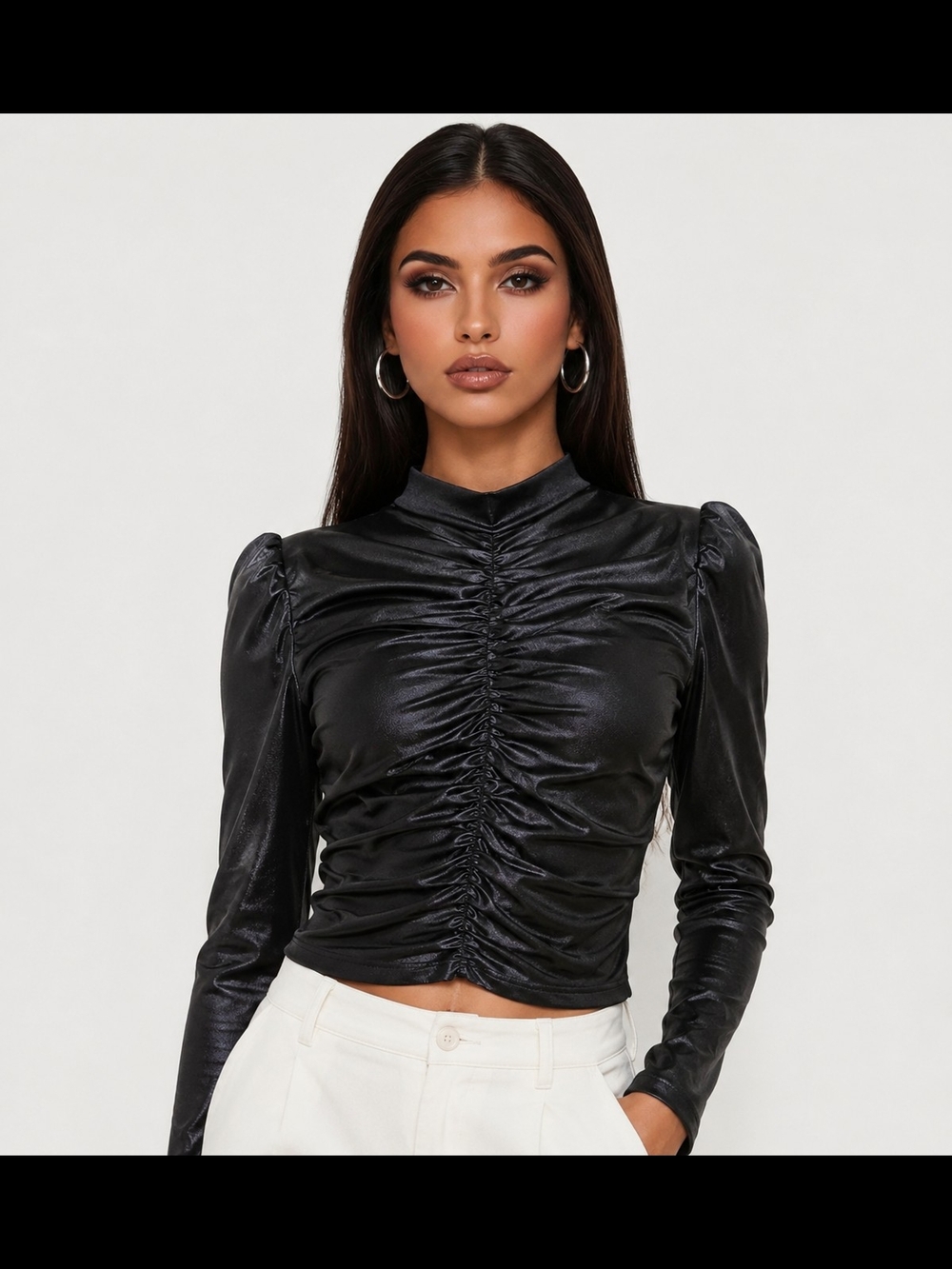 Black Ruched Long-Sleeve Mock Neck Top